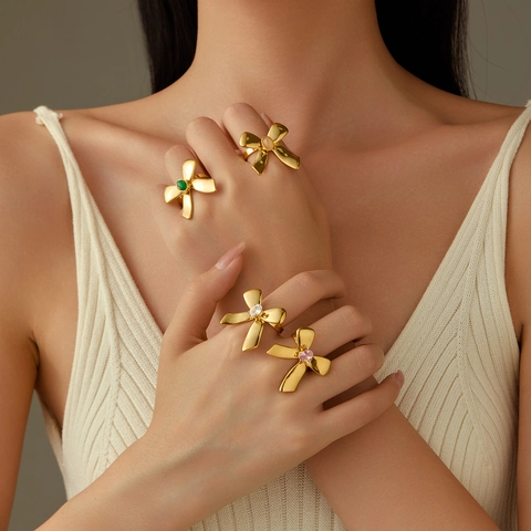 Mode Roestvrij Staal Strik Ring Voor Vrouwen Verguld Ingelegd Strass Elegante Verstelbare Ring Sieraden Cadeau