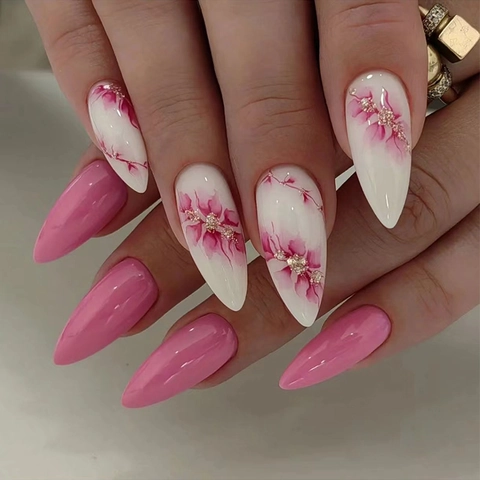 Mandelform Künstliche Nägel Zum Aufkleben Pfirsichblüten Blumen Rosa Weiß Glitzer Lange Tragbare Falsche Nägel
