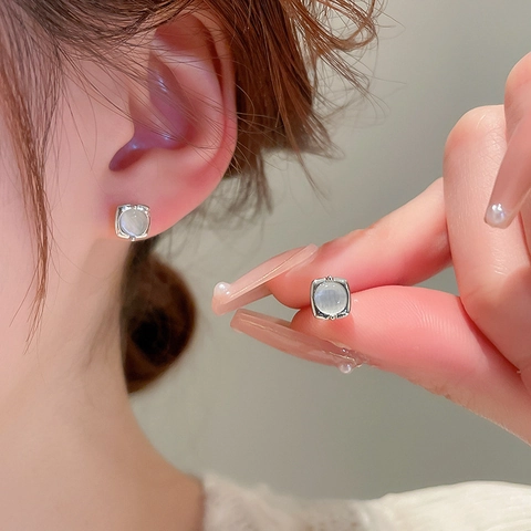 Square Imitation Cat Eye Stone Stud Earrings With 925 Sterling Silver Earring Post Minimalist Copper Jewelry For Women