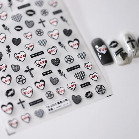 Autocollants Art Des Ongles En Relief Auto-Adhésif Gothique Punk Style Sombre Motif Coeur Croix Étoile Décoration Pour Femmes