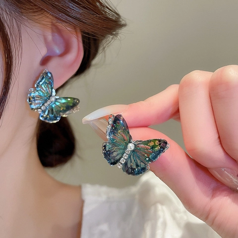 Butterfly Stud Earrings Blue Green Gradient Acrylic Gold Foil Zircon Artificial Pearl With 925 Sterling Silver Earring Post