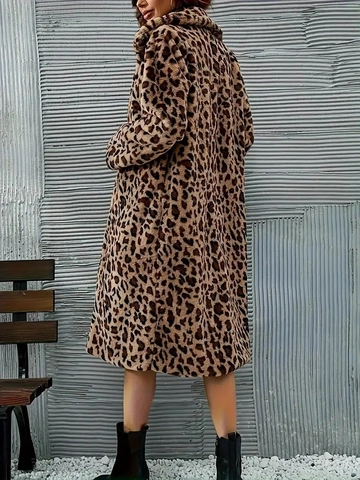 Leopard Print Faux Fur Coat Long Sleeve Lapel Open Front Winter Warm Thick Elegant Plush Outerwear Jacket For Women