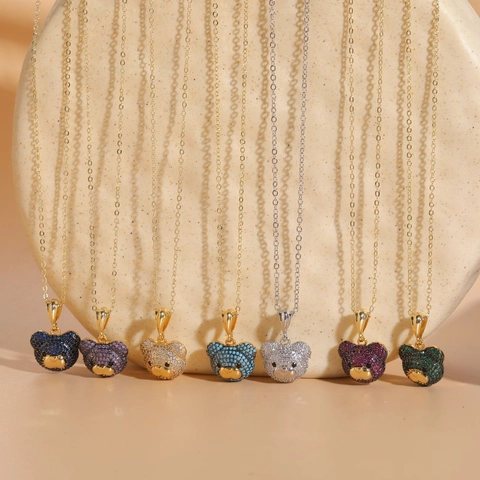 Collana Con Pendente Orso Rame Placcato Oro 14K Zircone Colorato Pave Setting Gioielli Animali Per Donne Lusso Stile Ins