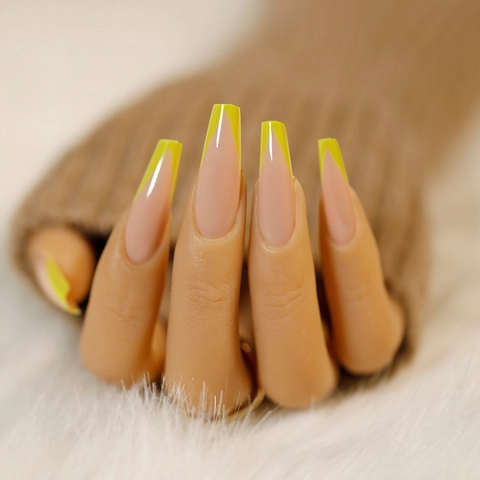 Unghie Finte Extra Lunghe Coffin Press On Punta a V Francese Giallo Nude Ballerina Unghie Artificiali Lucide