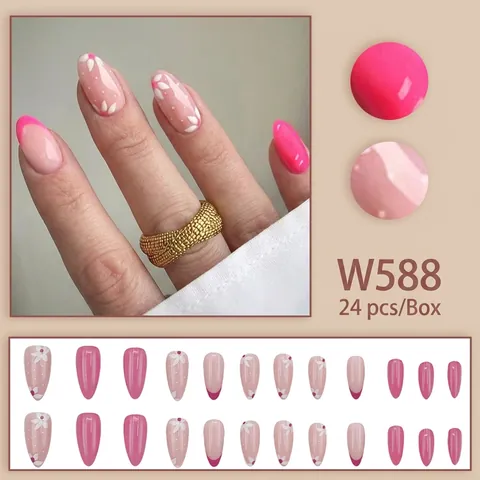 Almond Press On Nails Pink French Tip White Daisy Flower Polka Dot Pattern Sweet Elegant Reusable False Nails
