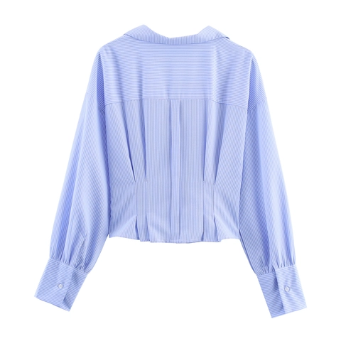 Camicetta A Righe Manica Lunga Da Donna Colletto A Giacca Camicia Corta Con Cintura Larga Fibbia Tartarugata Top Elegante