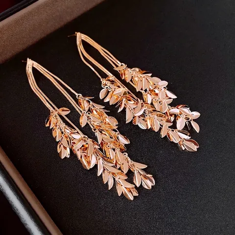 Weizenähre Blatt Quasten Hänger Ohrringe Für Frauen Vergoldeter Kupfer Schmuck Mit Silbernem Ohrstecker Elegant
