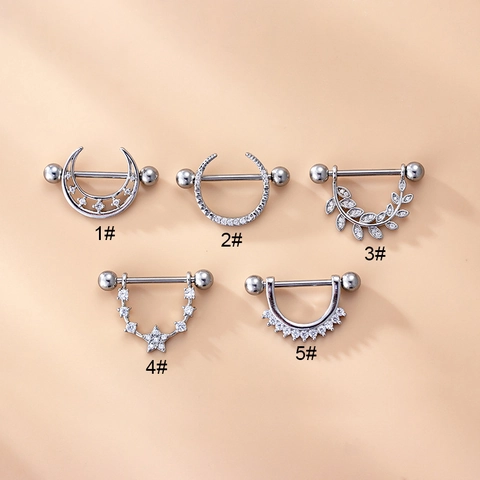 Tepelringen Roestvrij Staal Piercing Studs Maan Ster Blad Vorm Zirkoon Ingelegd Mode Lichaamssieraden Voor Vrouwen