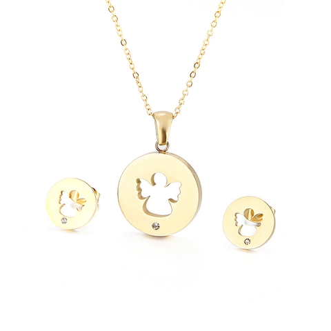 Collana Con Ciondolo Angelo Cavo In Acciaio Inossidabile 316L E Orecchini A Lobo Con Strass Tondi Gioielli Da Donna