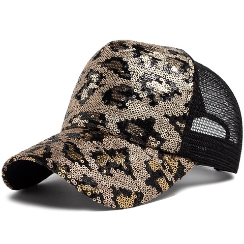 Casquette De Baseball À Paillettes Léopard Pour Femmes Respirante Mesh Trucker Hat Réglable Motif Animalier