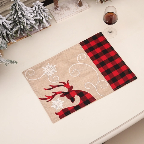 Mantel Individual Navidad Reno Cuadros Rojo Negro Copo De Nieve Estilo Lino Decoración Mesa Comedor Festivo
