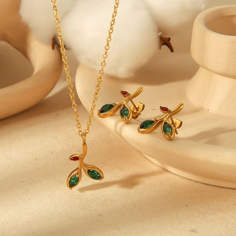 Gioielli Ramo Di Foglie Acciaio Inossidabile Placcato Oro 18K Zircone Verde Rosso Intarsiato Stile Francese Vintage
