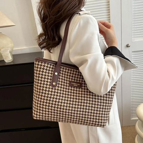 Bolso Tote Vintage Pata De Gallo Tejido Cuero PU Gran Capacidad Color Contraste Bolso De Hombro Para Mujer