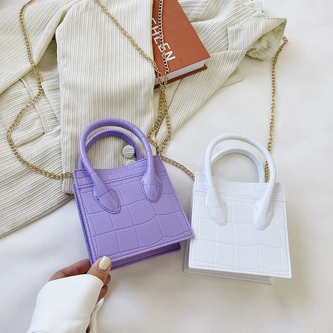Crocodile Embossed Mini Handbag Small Square Women Crossbody Bag With Golden Chain Strap And Top Handle