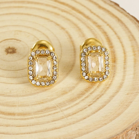Orecchini A Lobo Rettangolari Placcato Oro 18K Acciaio Inossidabile Doppio Strato Zircone Strass Elegante Lusso Per Donna