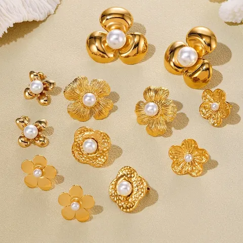 Flower Stud Earrings Stainless Steel 18K Gold Plated Imitation Artificial Pearl Textured Vintage Fashion For Women