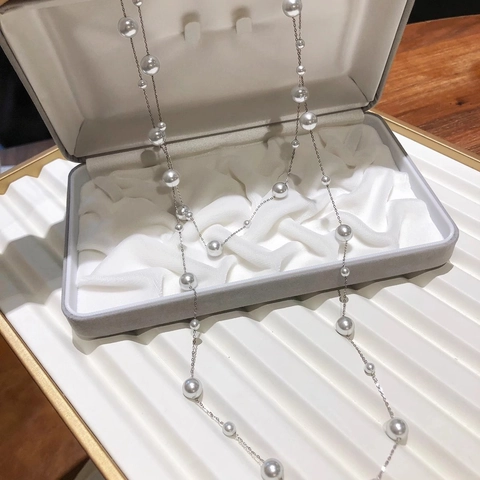 Double Layer Long Sweater Chain Necklace With Imitation Artificial Pearls French Retro Elegant Jewelry For Women Lightweight Style