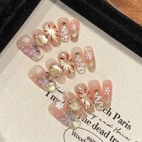 Faux Ongles Faits À La Main Noël Flocon De Neige 3D Künstliche Perle Strass Œil De Chat Dégradé Ongles Artificiels Vacances