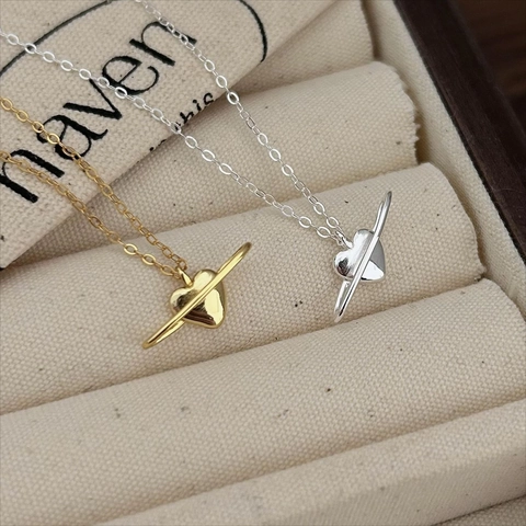 925 Sterling Silver Heart Planet Saturn Ring Necklace 18K Gold Plated Minimalist Dainty Jewelry For Women Daily Wear
