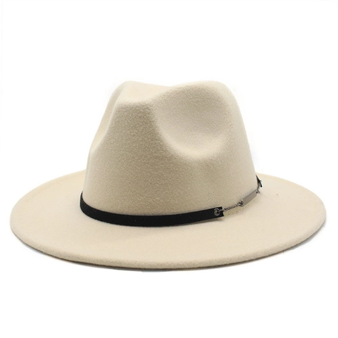 Elegant Wool Felt Fedora Hat Wide Brim Vintage Jazz Cap With Metal Chain Decoration For Men And Women
