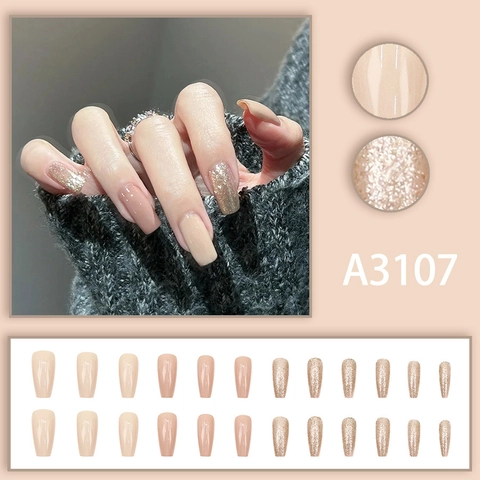 Unghie Finte Press On Lunghe Forma Ballerina Coffin Glitter Dorati Champagne Nude Rosa Manicure Fai Da Te Artificiali
