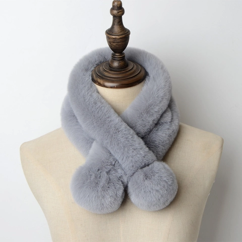 Women Winter Faux Rex Rabbit Fur Scarf Soft Plush Neck Warmer Thick Warm Korean Style With Pom Pom