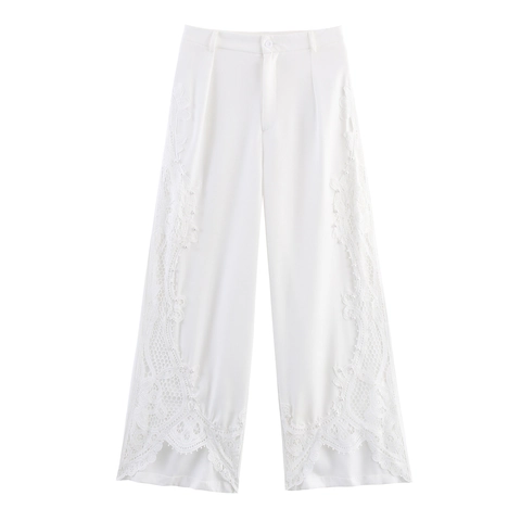 Pantalones De Pierna Ancha Rectos Elegantes Para Mujer Con Retazos De Encaje Y Cuentas De Perlas Artificiales Artificiales Pantalones Blancos