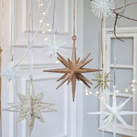 Glitter 3D Star Christmas Tree Ornaments Sparkling Hanging Pendants For Holiday Party Home Window Decor Plastic