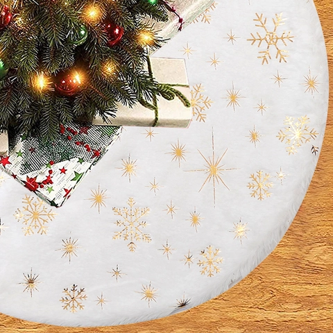 Christmas Tree Skirt Faux Fur Plush Buffalo Plaid Gold Silver Snowflakes Star Sequins Round Holiday Party Home Decor