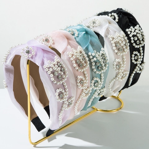 Vintage Mesh Knotted Headband With Artificial Pearl And Rhinestone Flower Pattern Elegant Hair Accessories For Women