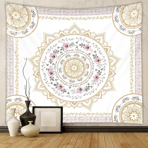 Tapiz Bohemio De Mandala Y Rosa Flor Poliéster Decoración De Pared Para Dormitorio Sala De Estar Adorno Artístico Para El Hogar