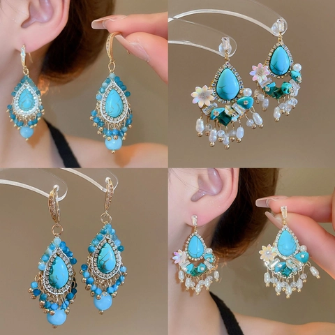Pendientes Bohemios De Turquesa Con Gota De Agua Borla Poste De Plata Diamantes De Imitación Perla Artificial Joyería Vintage Para Mujer