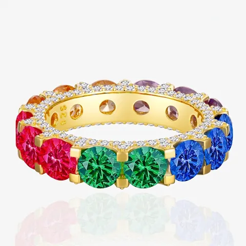 S925 Sterlingsilber Regenbogen Eternity Ring Mit Rundschliff Bunten Zirkonia Luxus Vollreihe Eingelegter Ring Damen Schmuck