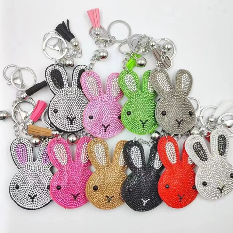 Cute Rabbit Head Keychain Sparkling Rhinestone Alloy Leather Tassel Bell Pendant For Women Bag Charms Accessory Gift