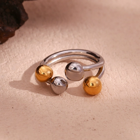 Fashion Stainless Steel Open Ring For Women Two Tone Gold Silver Circular Bead Geometric Adjustable Minimalist Finger Ring