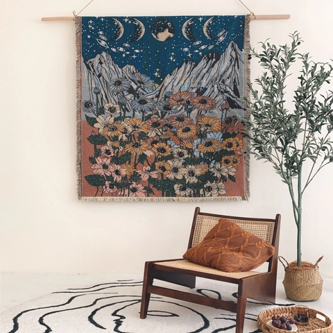 Sonnenblumen Mond Stern Berg Baumwolle Webteppich Decke Fransen Tassel Sofa Bett Camping Picknick Boho Dekoration