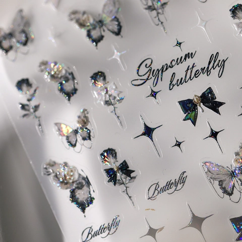 Butterfly Rose Nail Art Stickers Holographic Laser Self Adhesive Decals Gothic Manicure Decoration Elegant