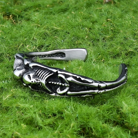 Bracciale Rigido Scheletro Teschio In Acciaio Inossidabile Vintage Design Gotico Punk Ossa Umane Costole Colonna Vertebrale