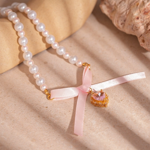 Künstliche Perlenhalskette Mit Rosa Satinschleife Herz Zirkonia Anhänger Süß Elegant Modeschmuck Für Damen