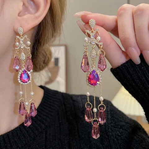 Orecchini A Pendolo Con Nappine Rosa Di Lusso Con Perno In Argento Cristallo Artificiale Perla Artificial Goccia Stile Vintage Donna