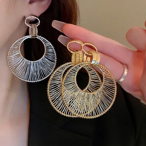 Grote Ronde Creolen Met Zilveren Oorknopje Metaaldraadwikkeling Uitgehold Overdreven Sieraden Voor Dames