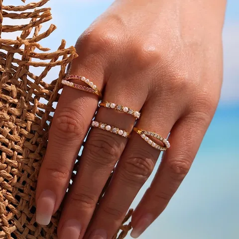 Double Layered Cross Ring Stainless Steel Shell Artificial Pearl Zircon Non Fading Elegant French Style Women Jewelry Accessory