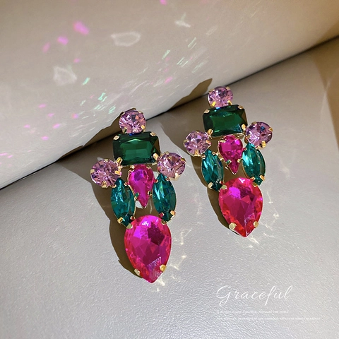 Geometric Multi Color Rhinestone Drop Earrings With Silver Earring Post Vintage Statement Jewelry For Women