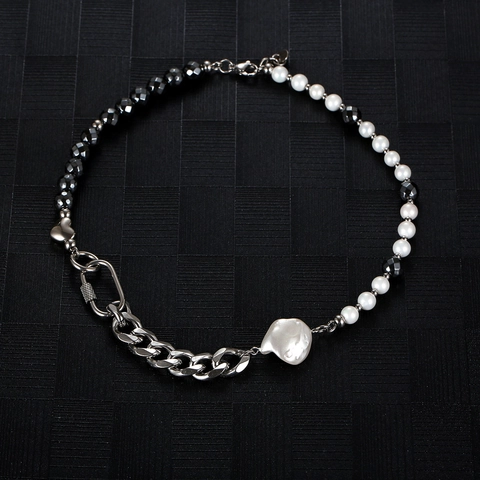 Spliced Necklace With Titanium Steel Hematite Beads And Faux Artificial Pearl Heart Pendant Retro Hip Hop Unisex Jewelry Gift