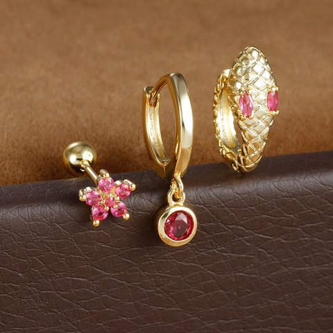 Vintage Copper Snake Shape Earring Set With Rhinestone Flower Stud Pendant Hoop Earrings For Women Fashion Jewelry Accessory