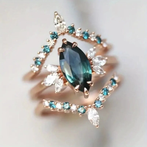 Kupfer Roségold Plattiert Stapelbare Ringe Marquise Grüne Zirkon V Form Chevron Royal Vintage Luxus Schmuck Für Damen