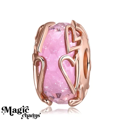 925 Sterling Silver Pink Faceted Murano Glass Heart Charm For DIY Bracelets Necklaces Rose Gold Plated Hollow Jewelry Bead