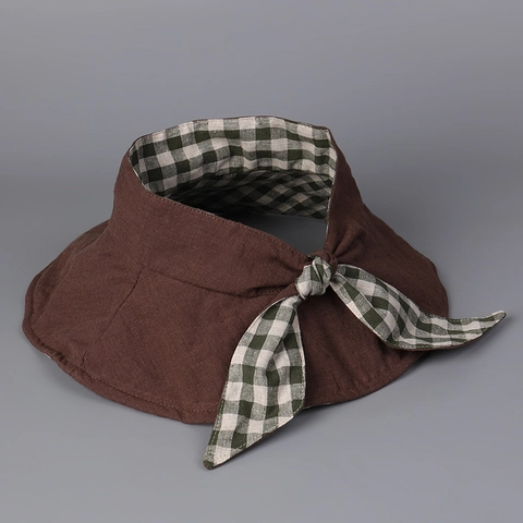 Cappello Da Sole Senza Top Donna Lino Tesa Larga Protezione UV Pieghevole Traspirante Vichy Fiocco Visiera Doppia Faccia