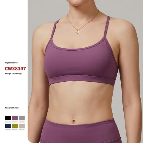 Women Yoga Sports Bra Nylon Spandex Quick Dry Breathable High Elasticity U Neck Thin Straps Criss Cross Back Seamless Top