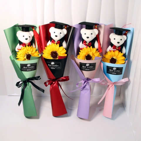 Graduation Teddy Bear Bouquet Artificial Sunflower Soap Flower Gift Plush Toy Doctor Gown Decoration